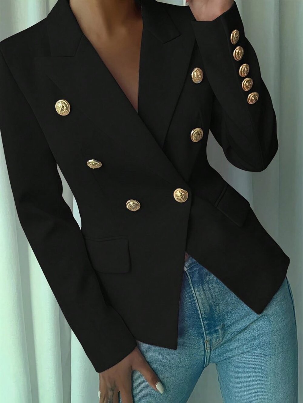 Black Elegant Women's Double Button Office Blazer - Picture 2 of 6